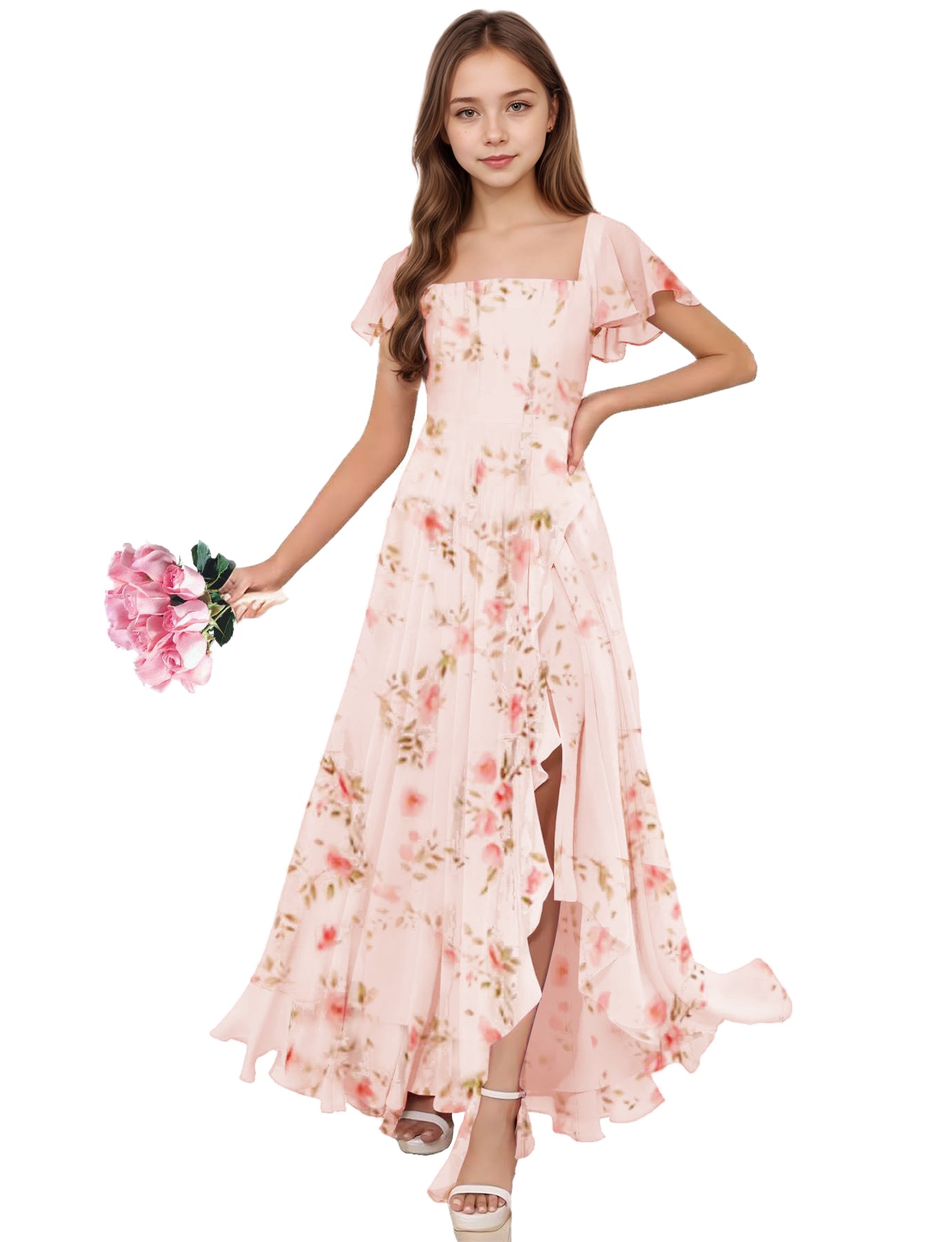 dideyttawl Junior Bridesmaid Dresses Ruffle Sleeve Square Neck Chiffon A-Line Flower Girl Dress with Slit 2508