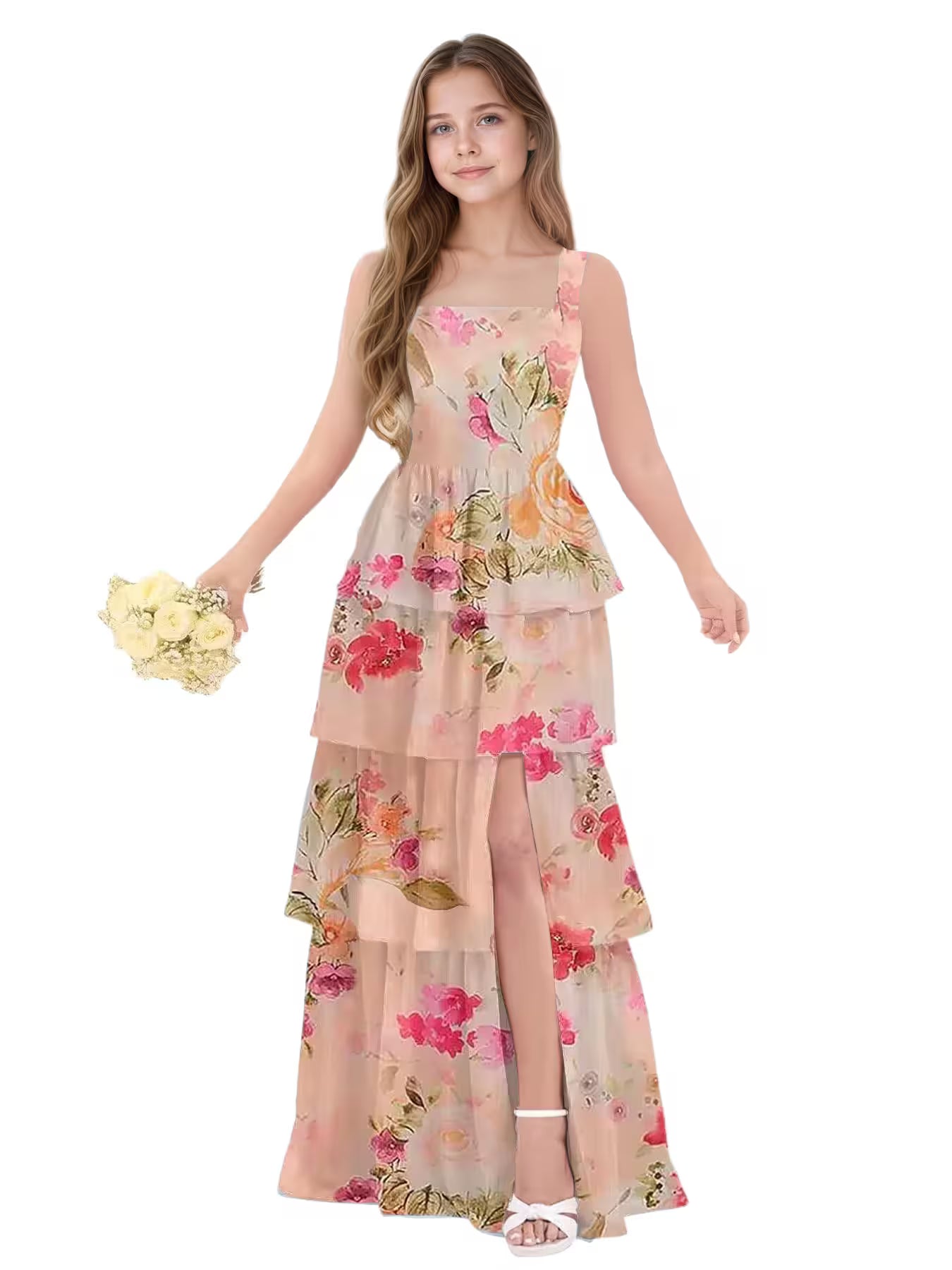 Floral Coral Junior Bridesmaid Dress for Girls