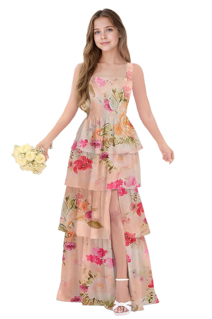 dideyttawl Junior Bridesmaid Dress Spaghetti Strap Square Neck Layered Chiffon A-Line Flower Girl Dress with Slit 2509
