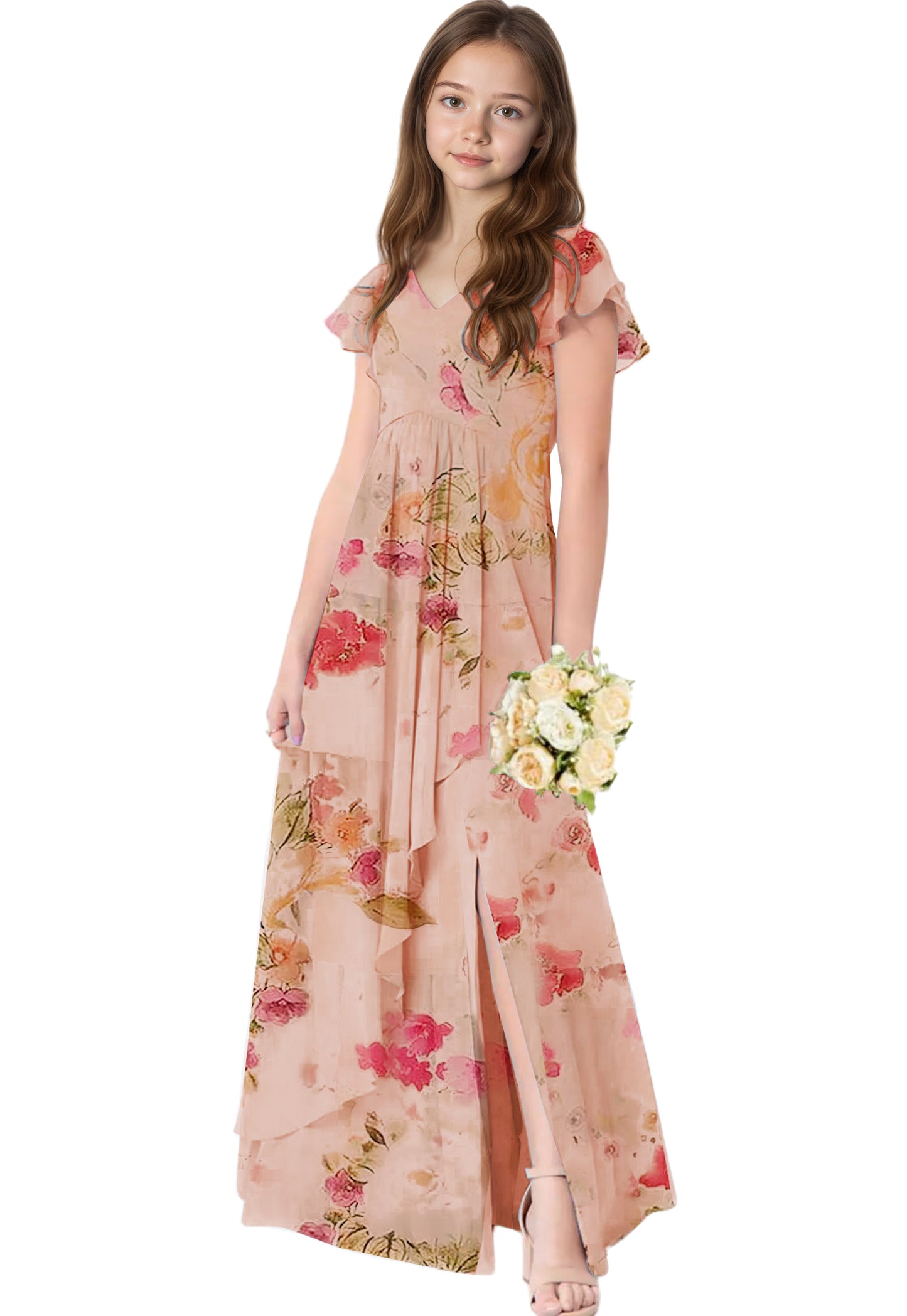 dideyttawl Chiffon Junior Bridesmaid Dresses V Neck Ruffle Sleeves Chiffon Pleated Flowy Flower Girls Dress or 4-16 2506