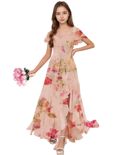 dideyttawl Junior Bridesmaid Dresses Ruffle Sleeve Square Neck Chiffon A-Line Flower Girl Dress with Slit 2508