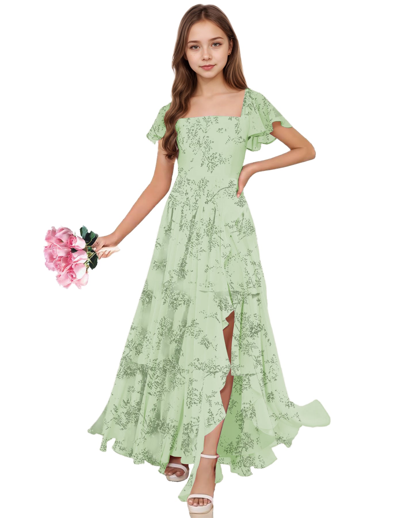 dideyttawl Junior Bridesmaid Dresses Ruffle Sleeve Square Neck Chiffon A-Line Flower Girl Dress with Slit 2508