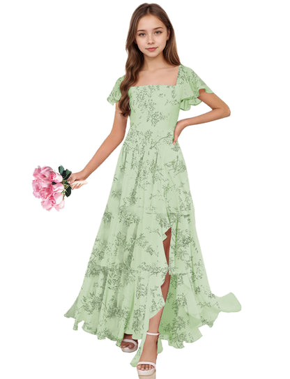 dideyttawl Junior Bridesmaid Dresses Ruffle Sleeve Square Neck Chiffon A-Line Flower Girl Dress with Slit 2508