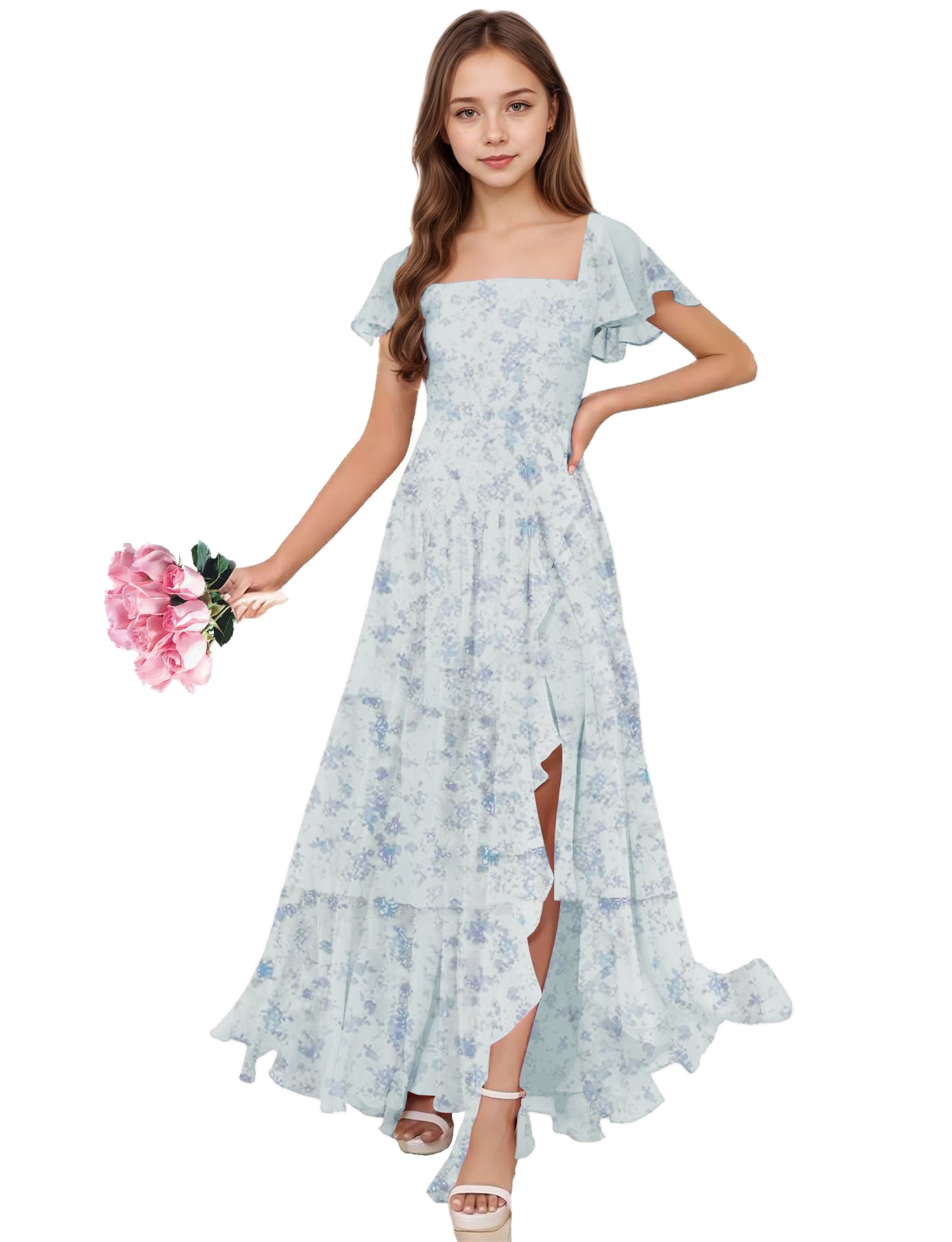 dideyttawl Junior Bridesmaid Dresses Ruffle Sleeve Square Neck Chiffon A-Line Flower Girl Dress with Slit 2508