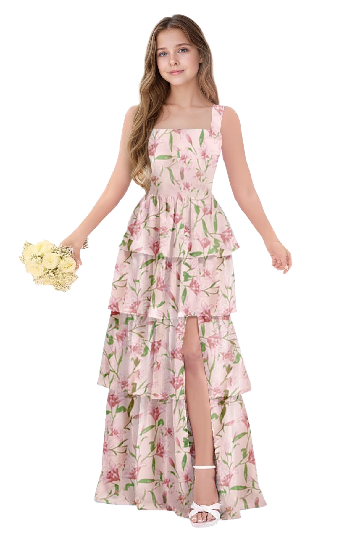 dideyttawl Junior Bridesmaid Dress Spaghetti Strap Square Neck Layered Chiffon A-Line Flower Girl Dress with Slit 2509