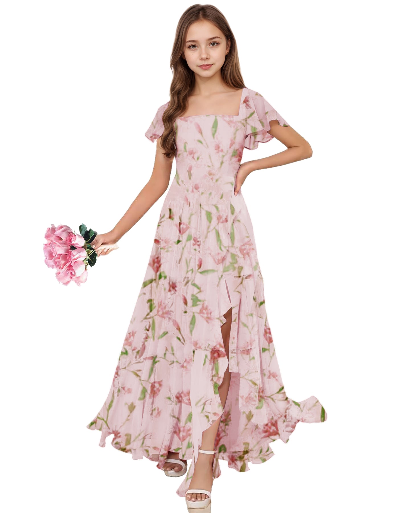 dideyttawl Junior Bridesmaid Dresses Ruffle Sleeve Square Neck Chiffon A-Line Flower Girl Dress with Slit 2508