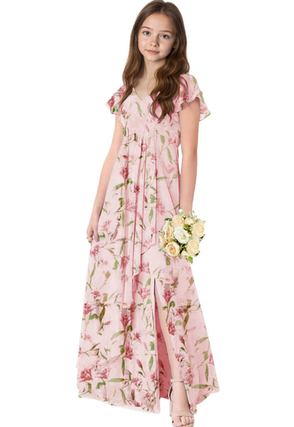 dideyttawl Chiffon Junior Bridesmaid Dresses V Neck Ruffle Sleeves Chiffon Pleated Flowy Flower Girls Dress or 4-16 2506