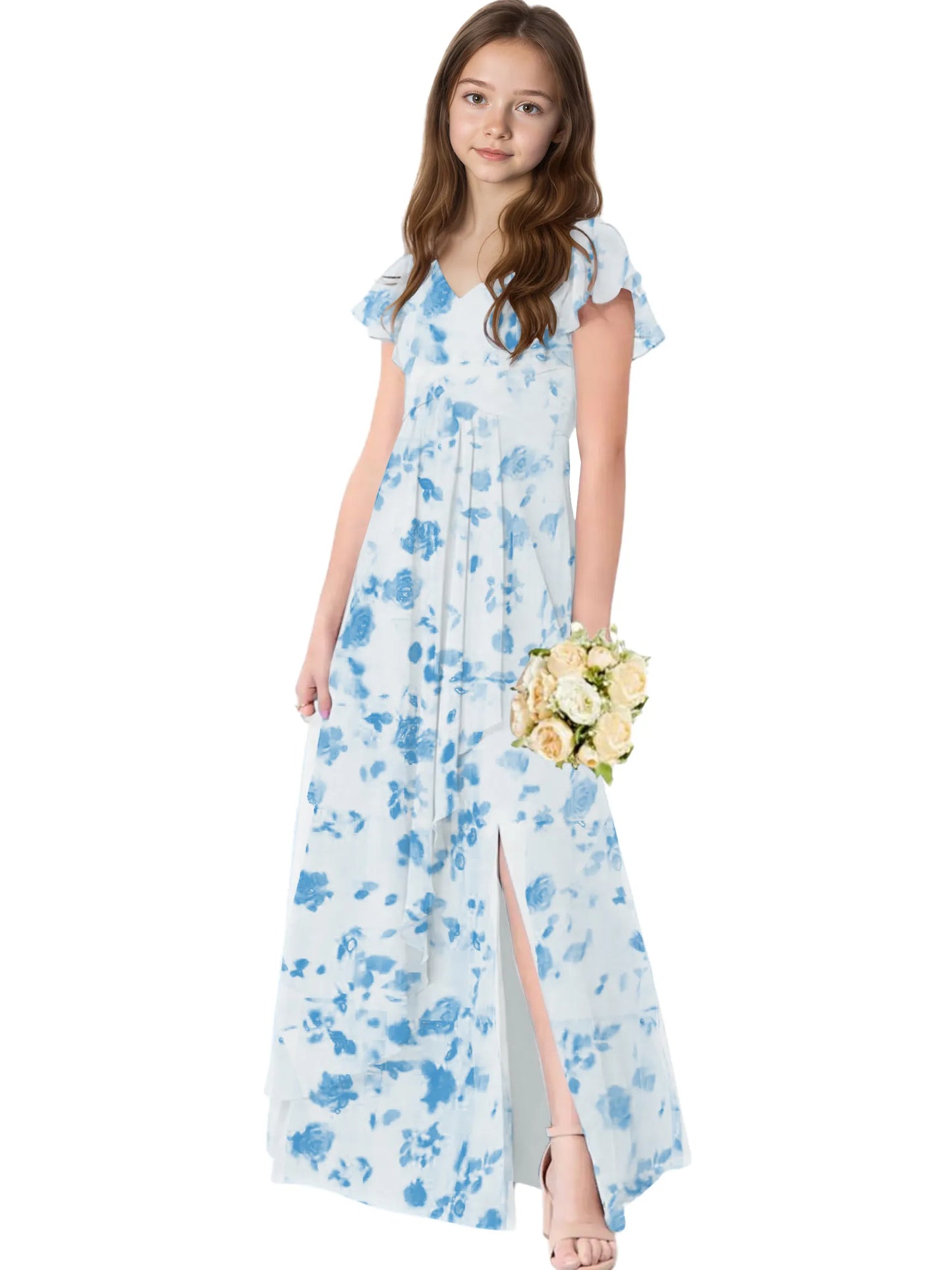 Dideyttawl Chiffon Junior Bridesmaid Dresses Ruffle Sleeves Party Gown 2506