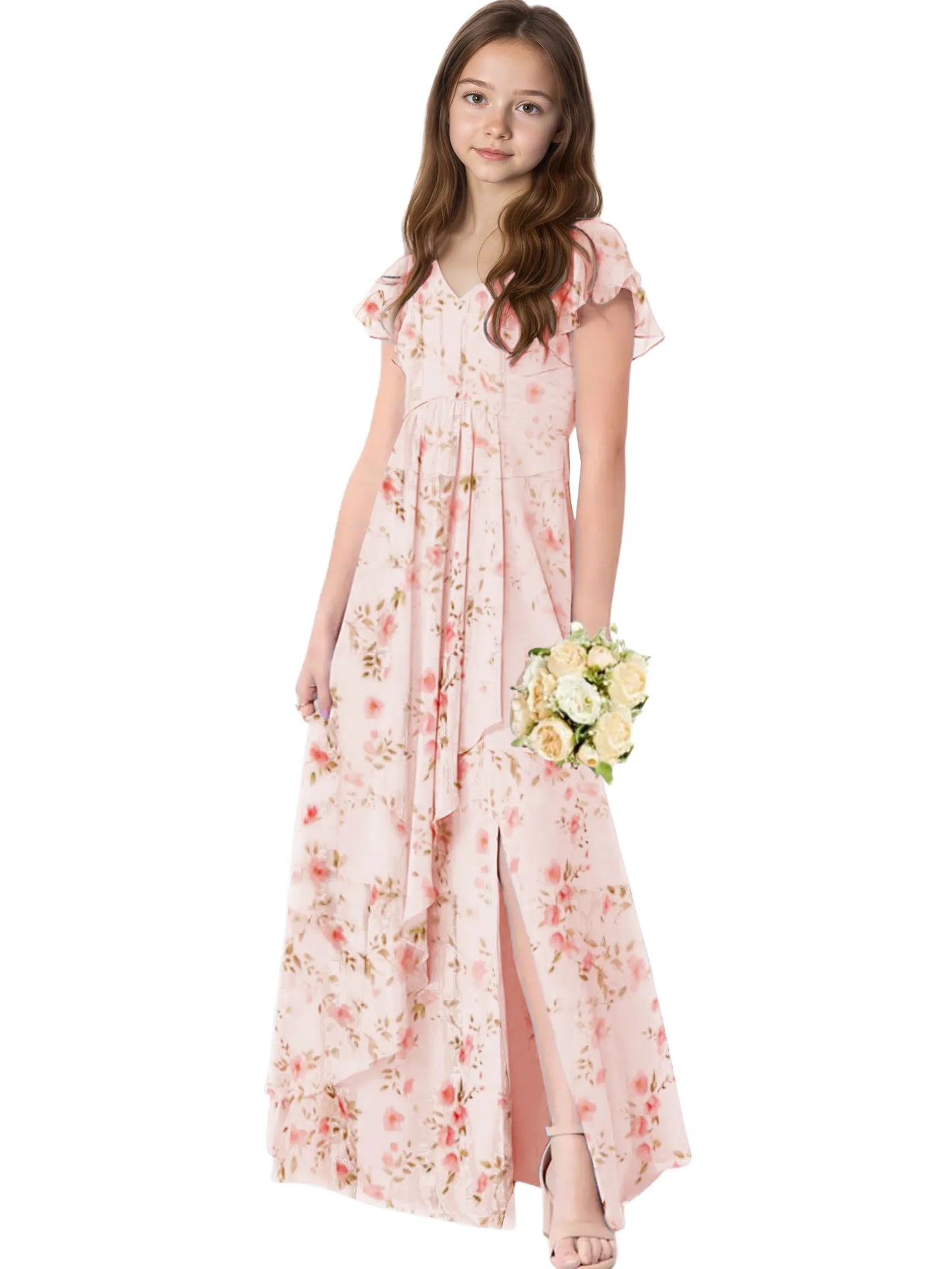 Dideyttawl Chiffon Junior Bridesmaid Dresses Ruffle Sleeves Party Gown 2506