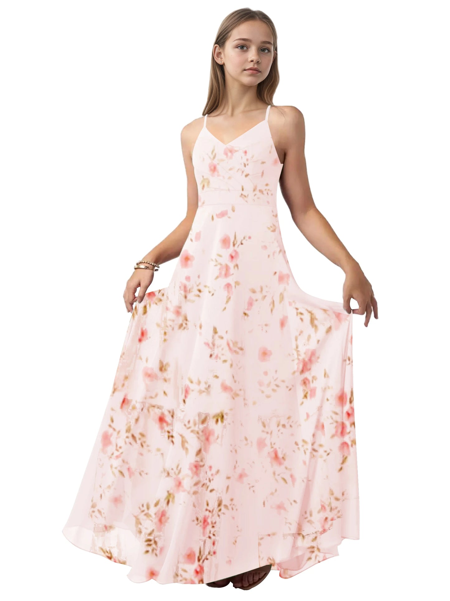 dideyttawl V-Neck Junior Bridesmaid Dress Spaghetti Straps Pleated Chiffon A-Line Flower Girl Dress 2510