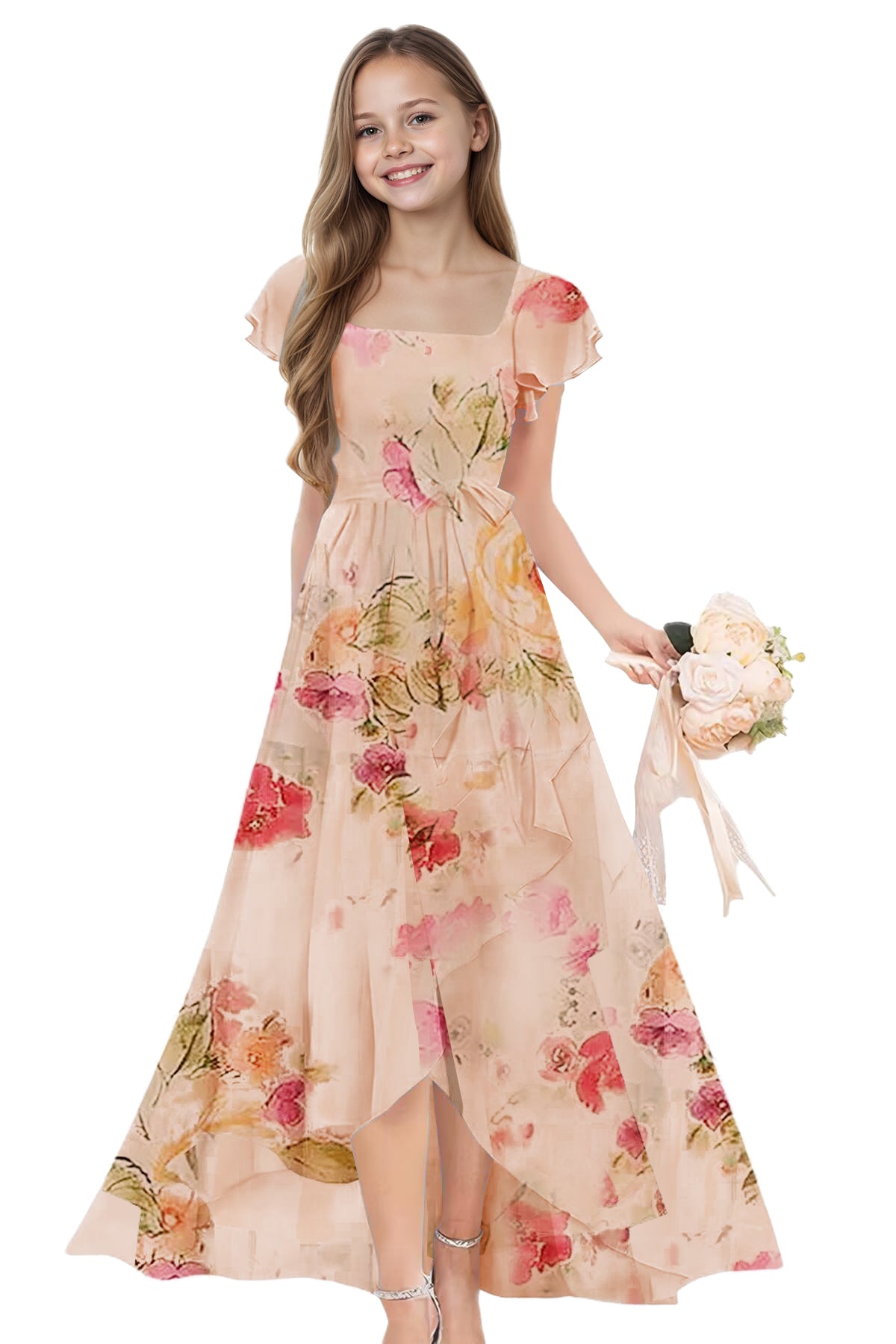 dideyttawl Long Junior Bridesmaid Dresses Ruffle Sleeve Square Neck Chiffon Flower Girl Dress for Wedding 2507