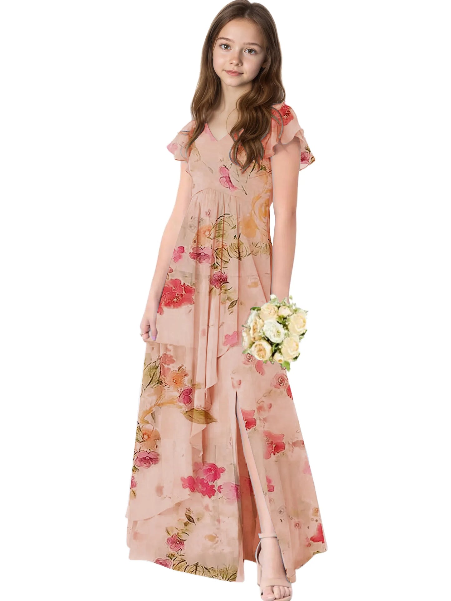 Dideyttawl Chiffon Junior Bridesmaid Dresses Ruffle Sleeves Party Gown 2506