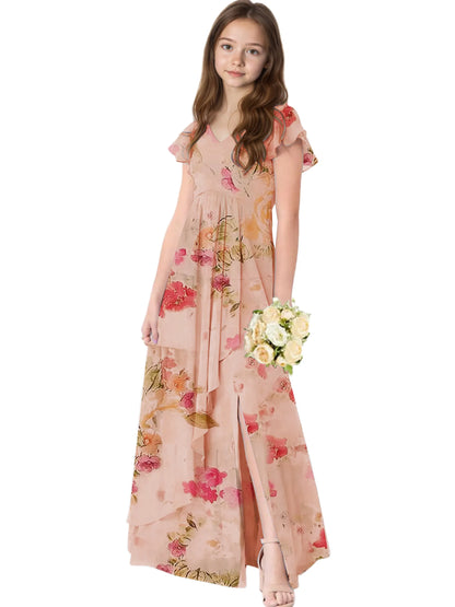 Dideyttawl Chiffon Junior Bridesmaid Dresses Ruffle Sleeves Party Gown 2506