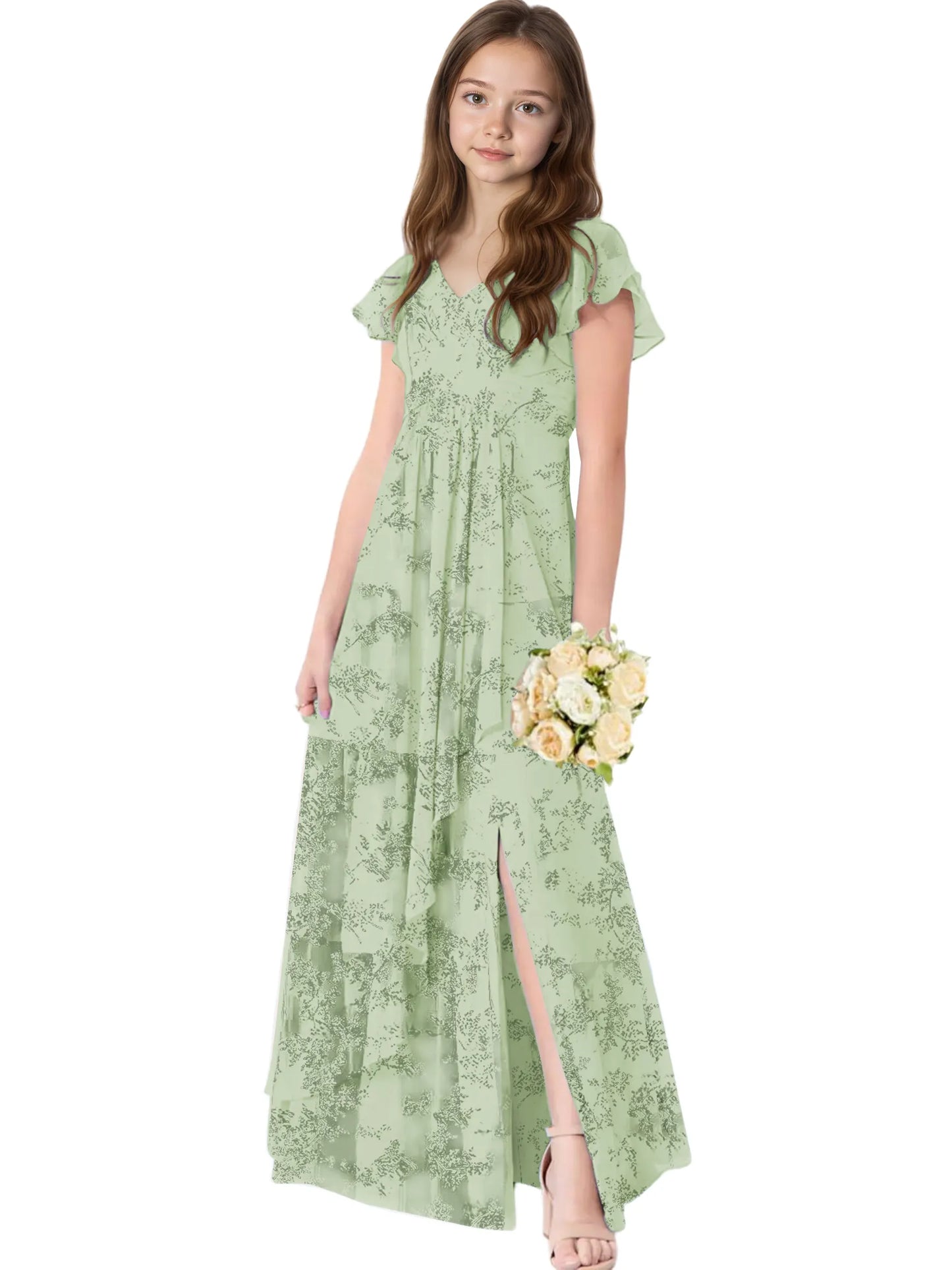 Dideyttawl Chiffon Junior Bridesmaid Dresses Ruffle Sleeves Party Gown 2506