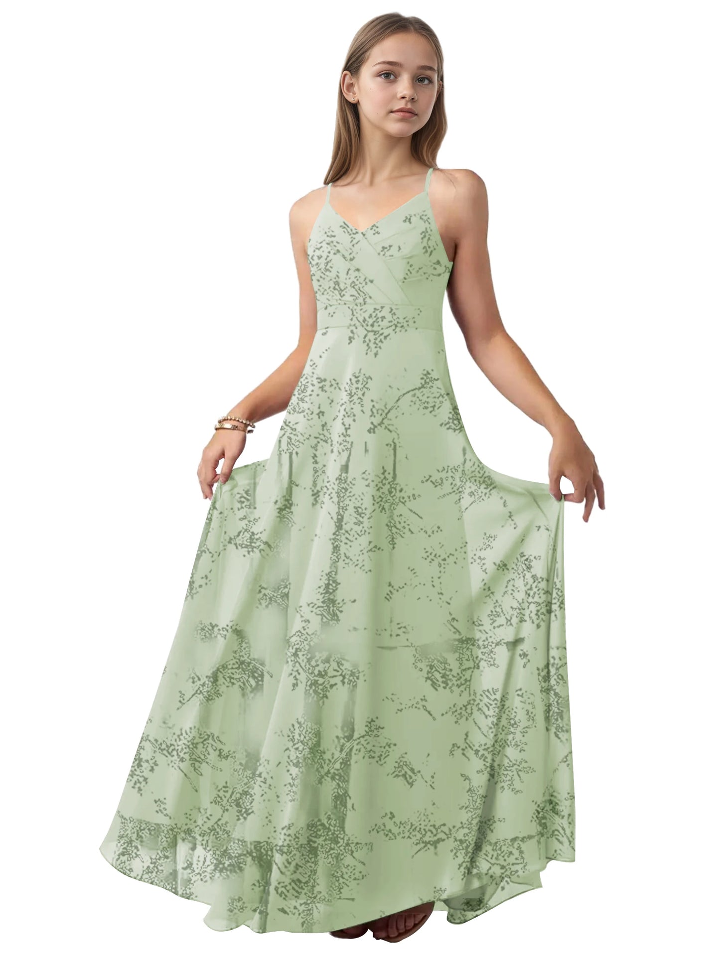 dideyttawl V-Neck Junior Bridesmaid Dress Spaghetti Straps Pleated Chiffon A-Line Flower Girl Dress 2510