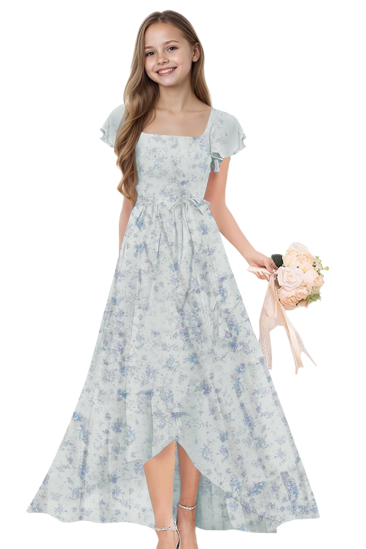 dideyttawl Long Junior Bridesmaid Dresses Ruffle Sleeve Square Neck Chiffon Flower Girl Dress for Wedding 2507