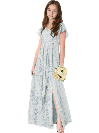 Dideyttawl Chiffon Junior Bridesmaid Dresses Ruffle Sleeves Party Gown 2506
