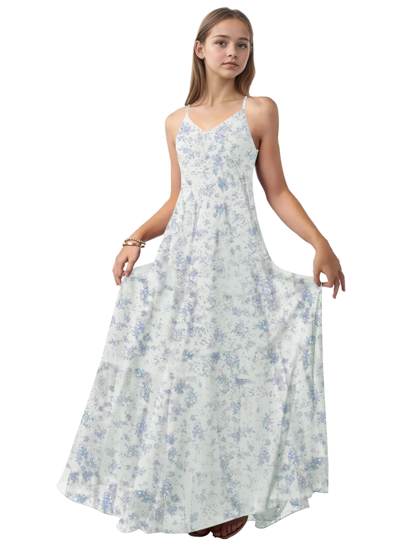 dideyttawl V-Neck Junior Bridesmaid Dress Spaghetti Straps Pleated Chiffon A-Line Flower Girl Dress 2510