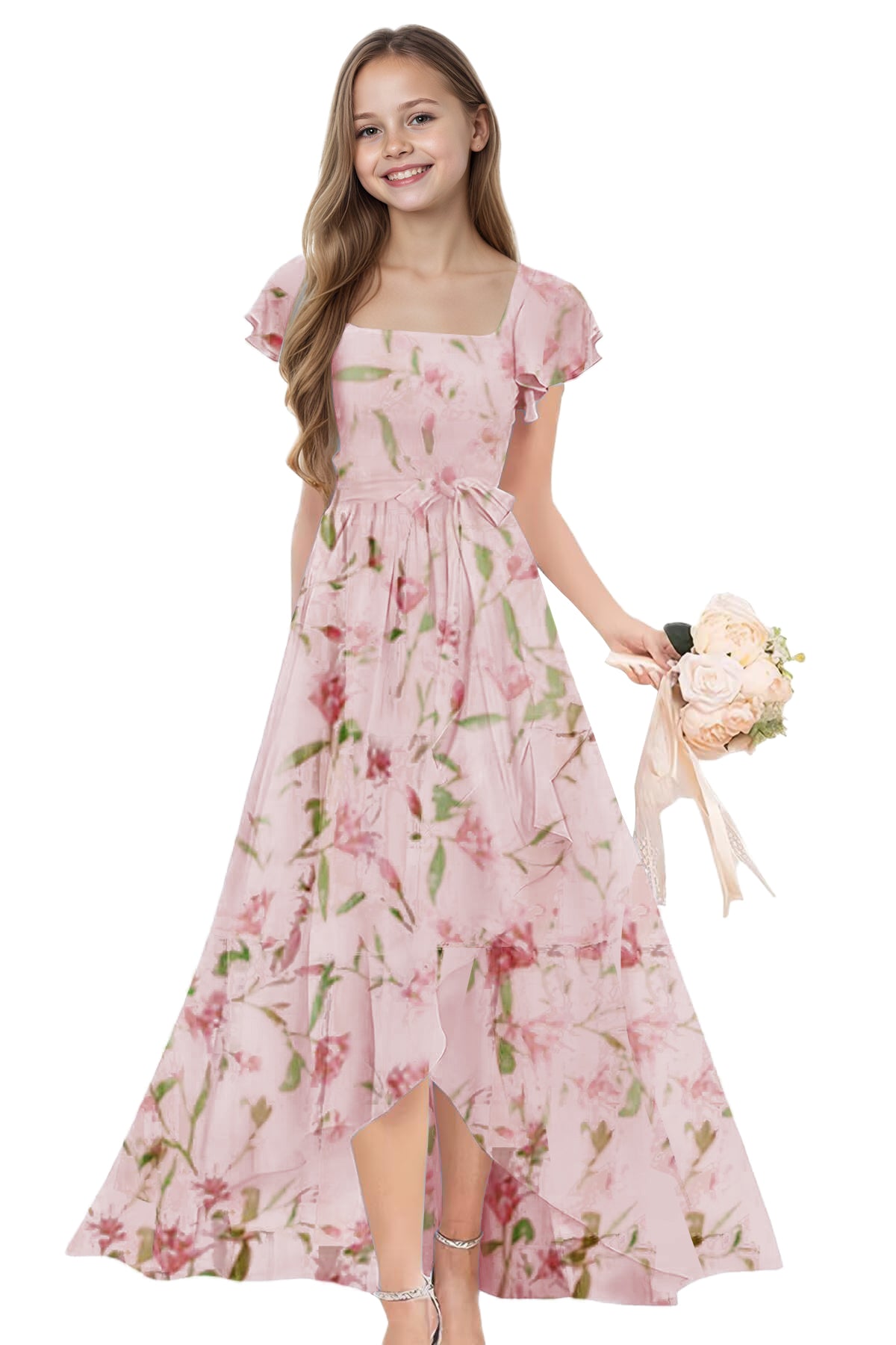 dideyttawl Long Junior Bridesmaid Dresses Ruffle Sleeve Square Neck Chiffon Flower Girl Dress for Wedding 2507