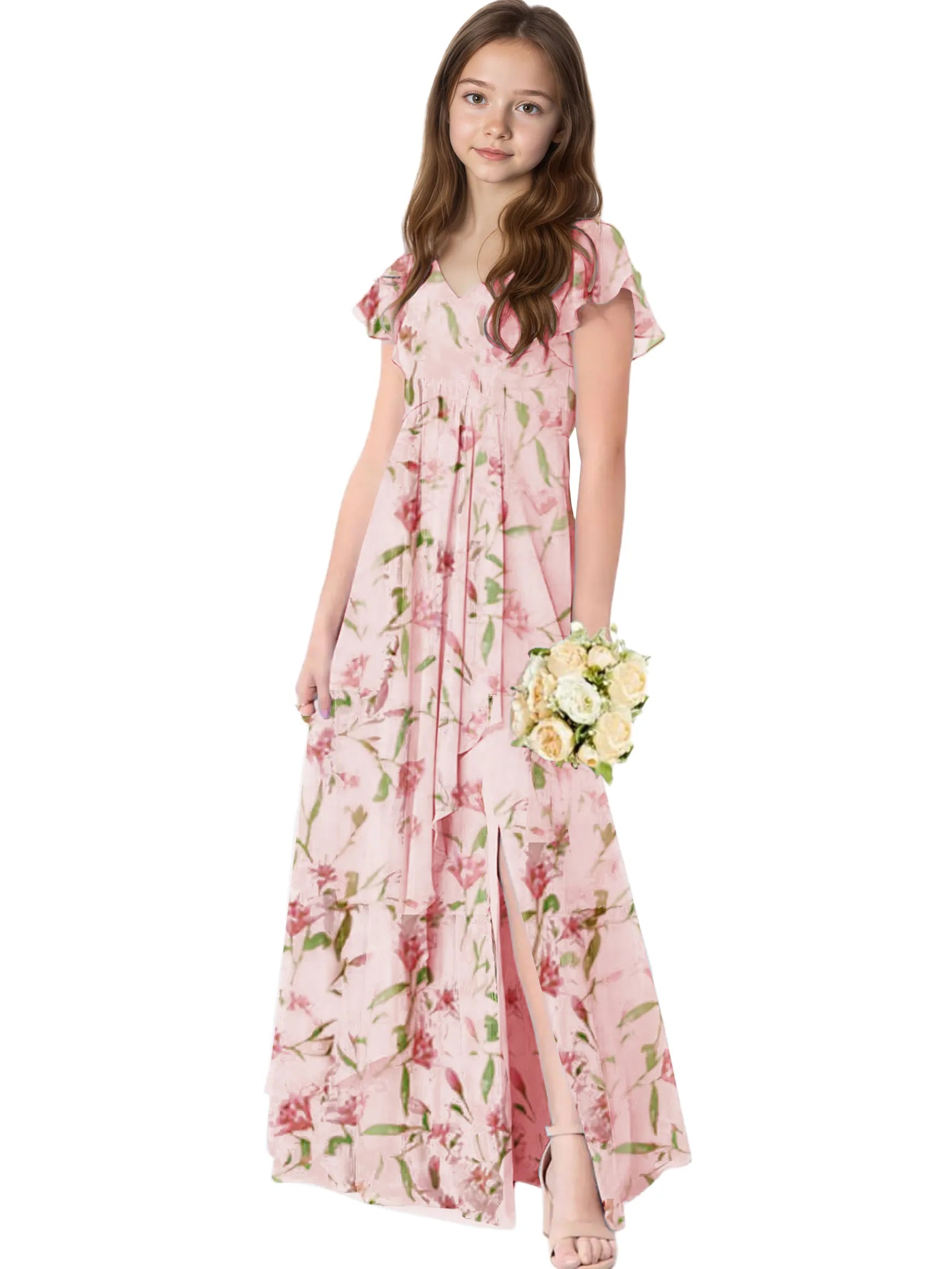 Dideyttawl Chiffon Junior Bridesmaid Dresses Ruffle Sleeves Party Gown 2506