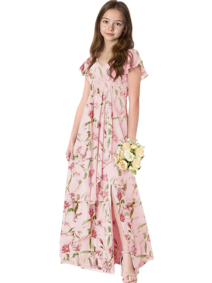 Dideyttawl Chiffon Junior Bridesmaid Dresses Ruffle Sleeves Party Gown 2506