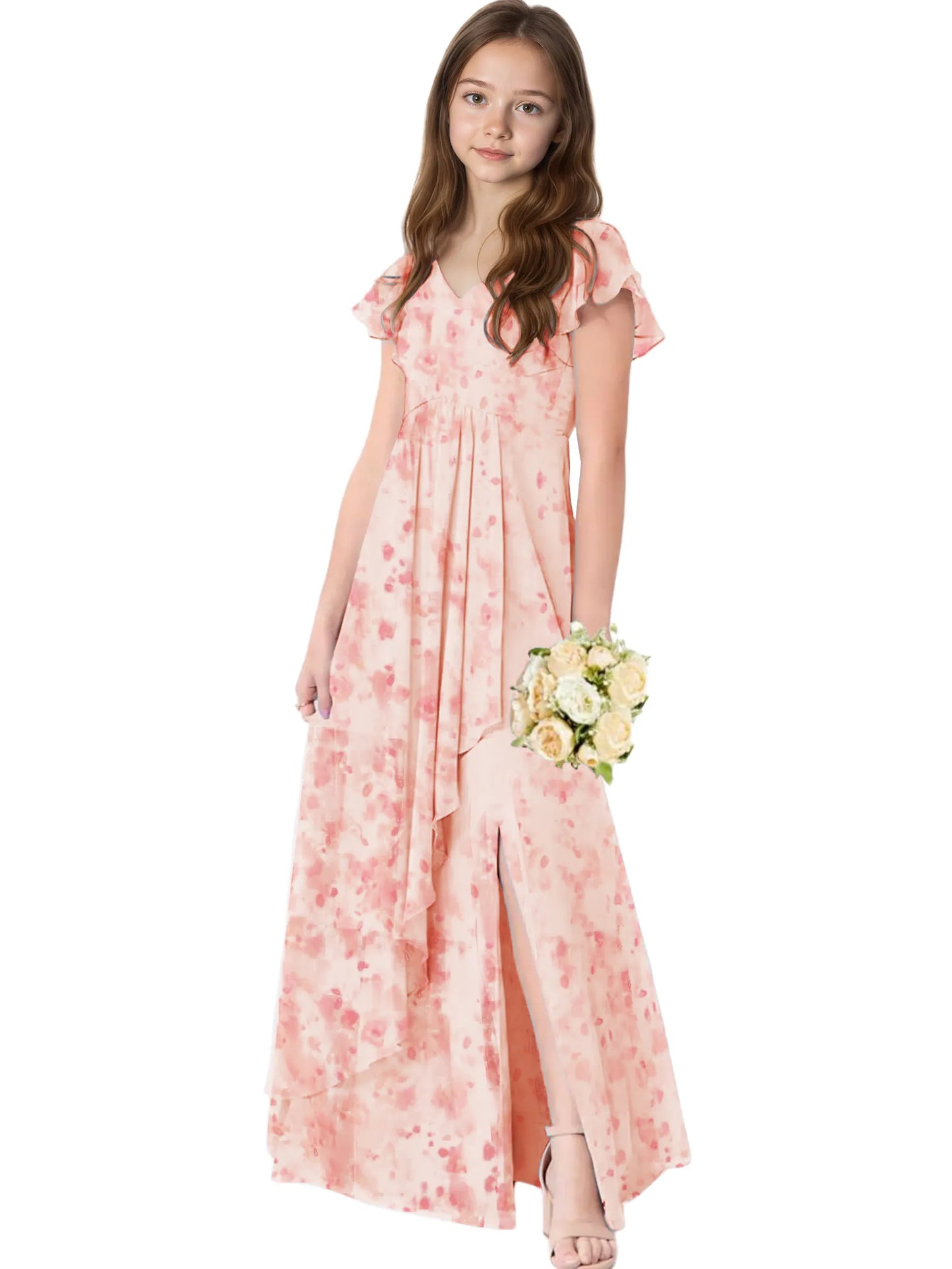Dideyttawl Chiffon Junior Bridesmaid Dresses Ruffle Sleeves Party Gown 2506