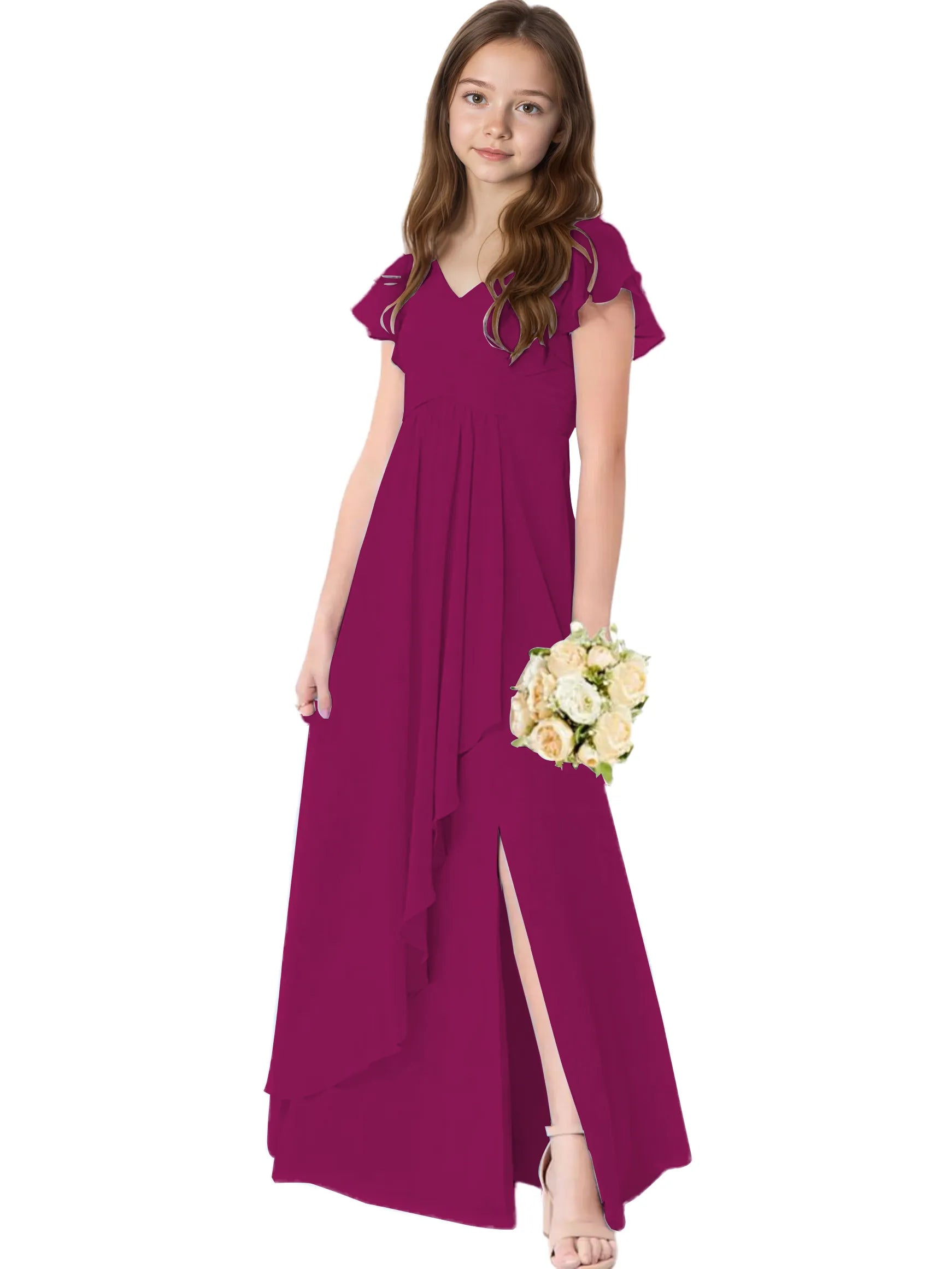 Dideyttawl Chiffon Junior Bridesmaid Dresses Ruffle Sleeves Party Gown 2506