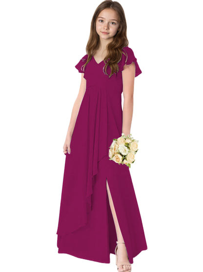 Dideyttawl Chiffon Junior Bridesmaid Dresses Ruffle Sleeves Party Gown 2506