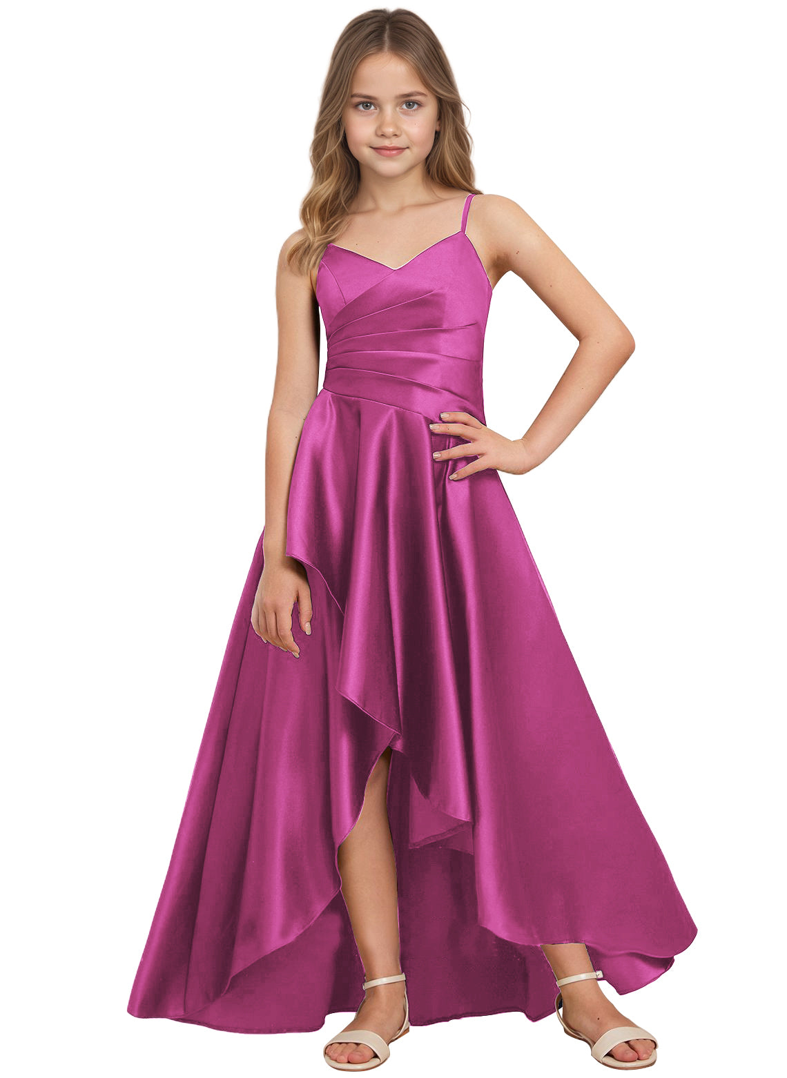 dideyttawl High Low Junior Bridesmaid Dress V-Neck Silk Satin Flower Girl Dress Sleeveless Formal Special Occasion Dress for Wedding 2523