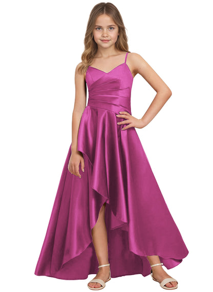 dideyttawl High Low Junior Bridesmaid Dress V-Neck Silk Satin Flower Girl Dress Sleeveless Formal Special Occasion Dress for Wedding 2523