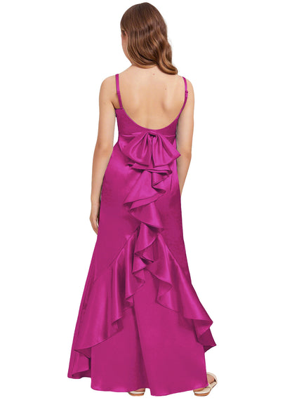 dideyttawl Mermaid Junior Bridesmaid Dress with Slit V-Neck Ruffles Bow Stretch Satin Flower Girl Dress Sleeveless Formal Special Occasion Dress for Wedding 2522