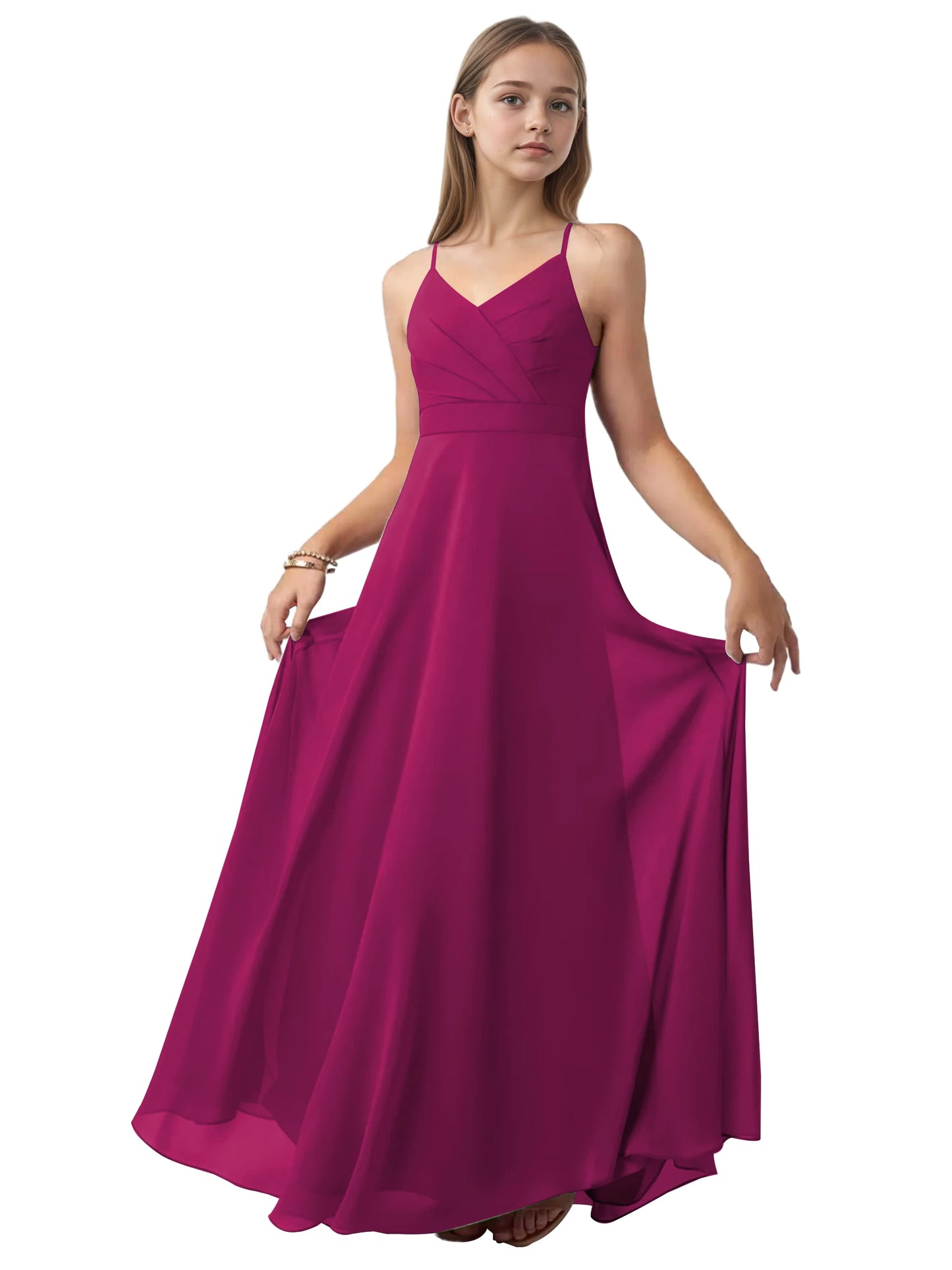 dideyttawl V-Neck Junior Bridesmaid Dress Spaghetti Straps Pleated Chiffon A-Line Flower Girl Dress 2510