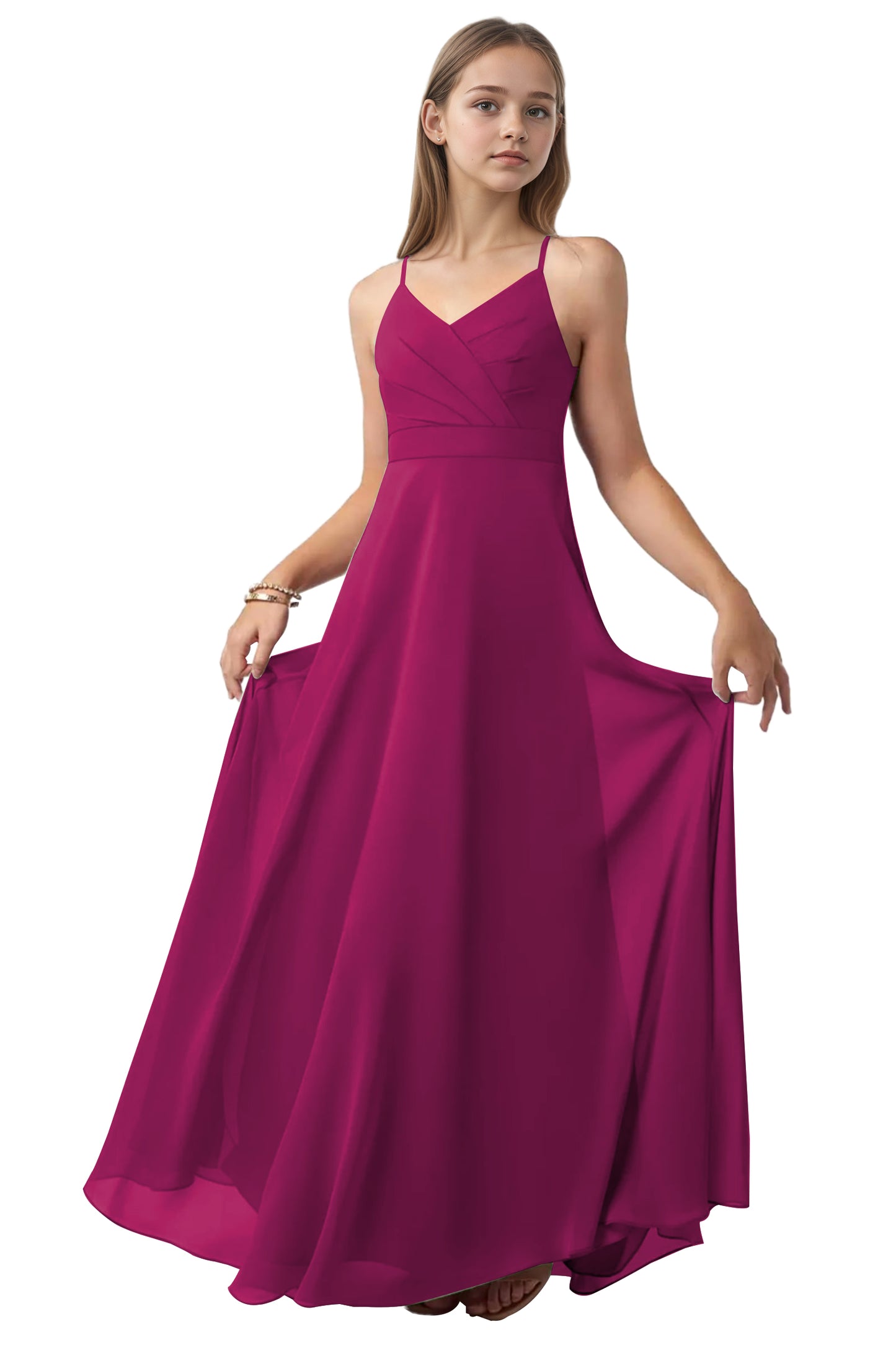 dideyttawl V-Neck Junior Bridesmaid Dress Spaghetti Straps Pleated Chiffon A-Line Flower Girl Dress 2510