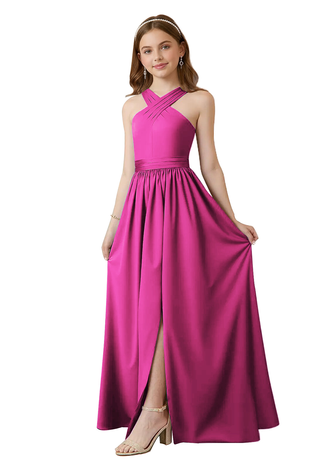 dideyttawl Junior Bridesmaid Dresses for Teen Girls Satin Halter A-Line Flower Girl Dress for Wedding 2531