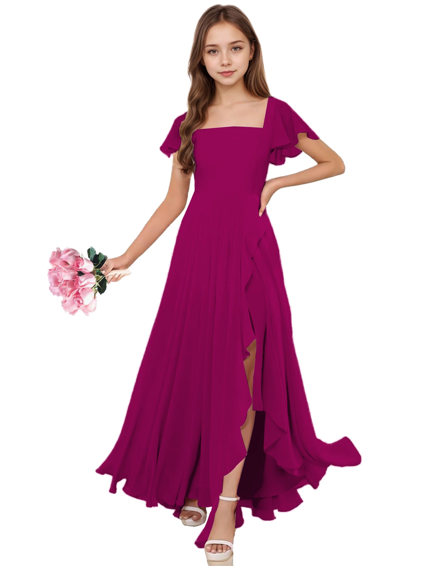dideyttawl Junior Bridesmaid Dresses Ruffle Sleeve Square Neck Chiffon A-Line Flower Girl Dress with Slit 2508