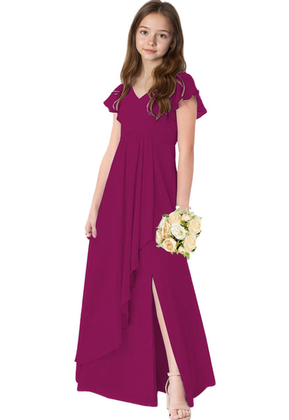 dideyttawl Chiffon Junior Bridesmaid Dresses V Neck Ruffle Sleeves Chiffon Pleated Flowy Flower Girls Dress or 4-16 2506