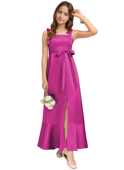 dideyttawl Junior Bridesmaid Dresses for Teens Silk Satin Adjustable Straps Flower Girl Dress with Slit 2529