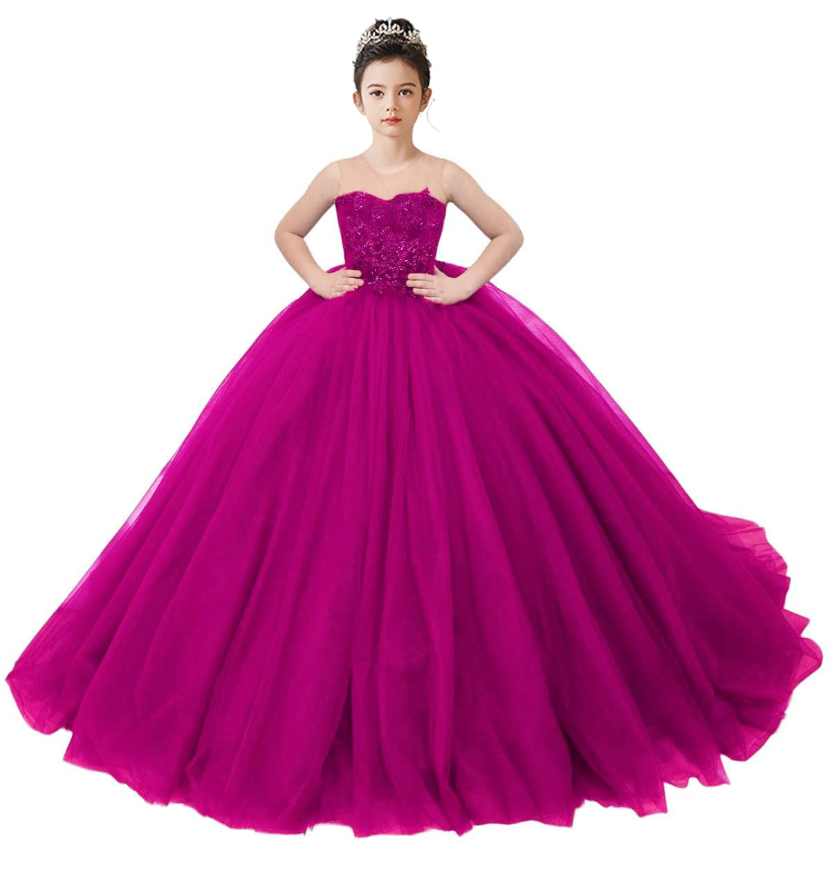 2025 Spring Embroidery Lace Appliqued Tulle Flower Girls Dress Wedding Guest Dress Puffy Princess Dress Strapless Full Length Pageant Dress