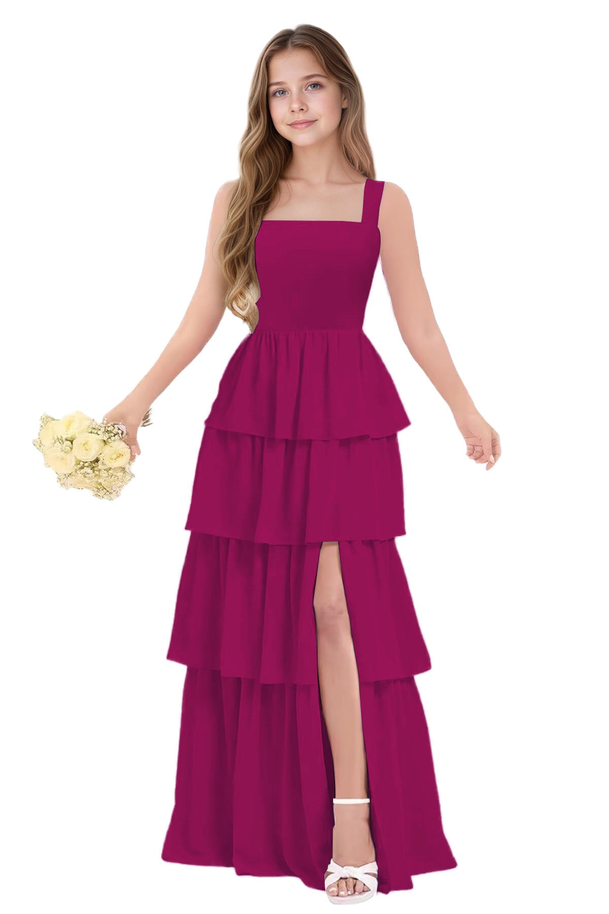 dideyttawl Junior Bridesmaid Dress Spaghetti Strap Square Neck Layered Chiffon A-Line Flower Girl Dress with Slit 2509