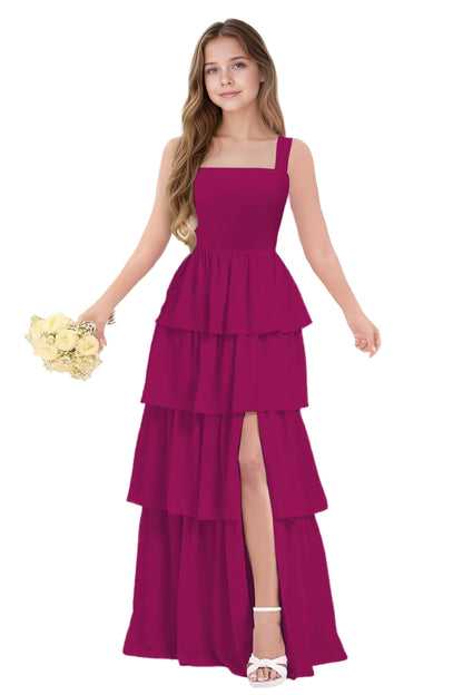 dideyttawl Junior Bridesmaid Dress Spaghetti Strap Square Neck Layered Chiffon A-Line Flower Girl Dress with Slit 2509