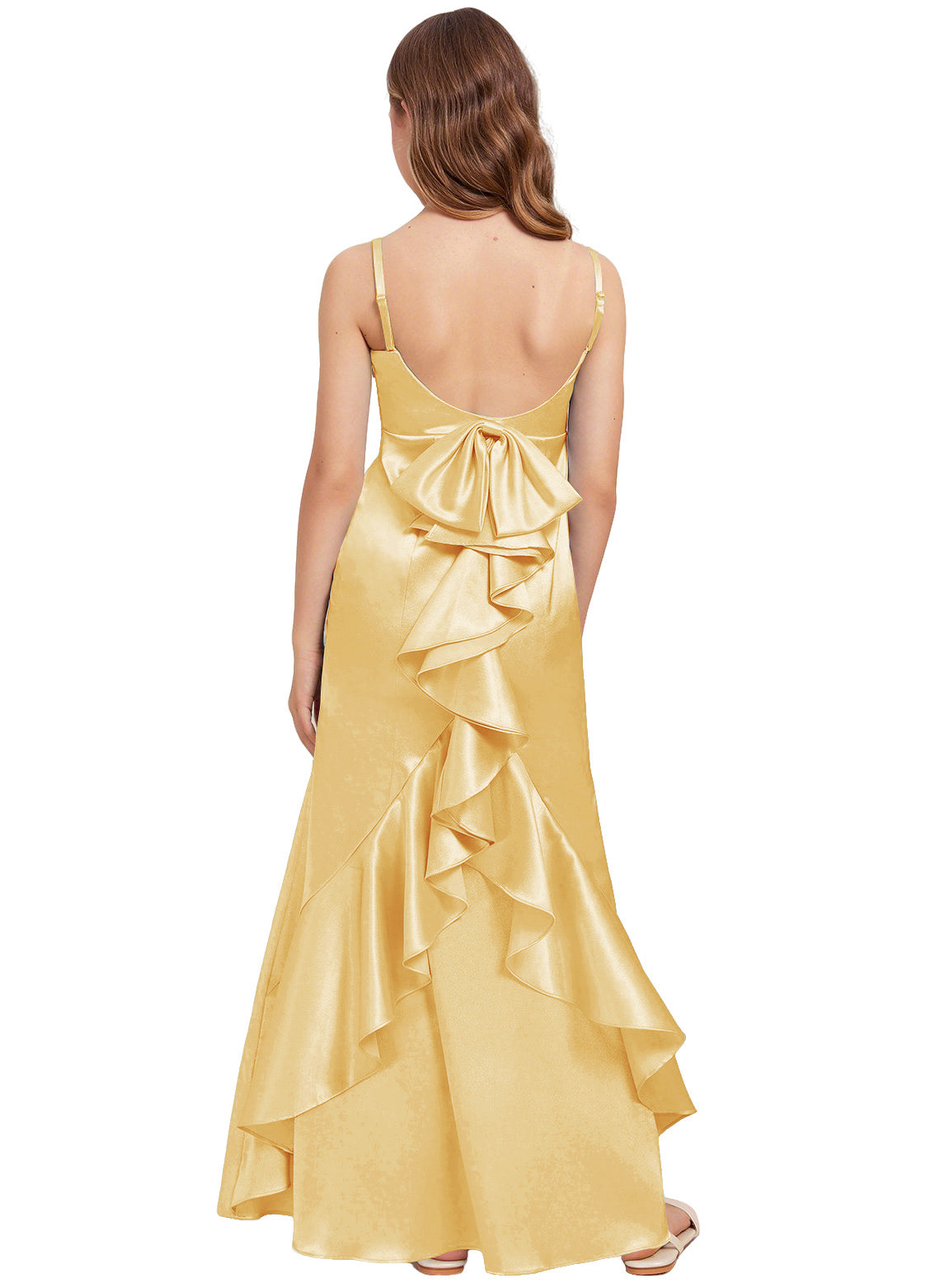 dideyttawl Mermaid Junior Bridesmaid Dress with Slit V-Neck Ruffles Bow Stretch Satin Flower Girl Dress Sleeveless Formal Special Occasion Dress for Wedding 2522