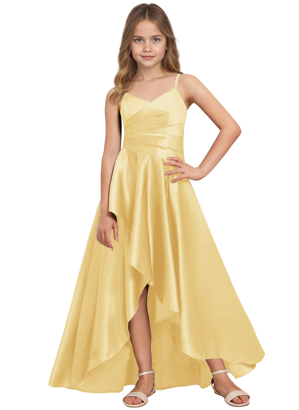 dideyttawl High Low Junior Bridesmaid Dress V-Neck Silk Satin Flower Girl Dress Sleeveless Formal Special Occasion Dress for Wedding 2523