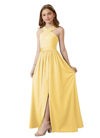 dideyttawl Junior Bridesmaid Dresses for Teen Girls Satin Halter A-Line Flower Girl Dress for Wedding 2531