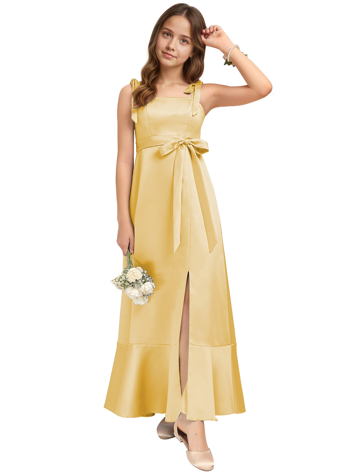 dideyttawl Junior Bridesmaid Dresses for Teens Silk Satin Adjustable Straps Flower Girl Dress with Slit 2529