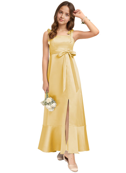 dideyttawl Junior Bridesmaid Dresses for Teens Silk Satin Adjustable Straps Flower Girl Dress with Slit 2529