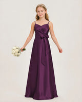 Grape Satin A-line Junior Bridesmaid Dress Front View