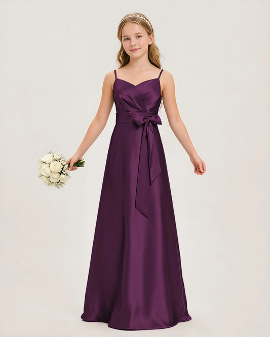 Grape Satin A-line Junior Bridesmaid Dress Front View