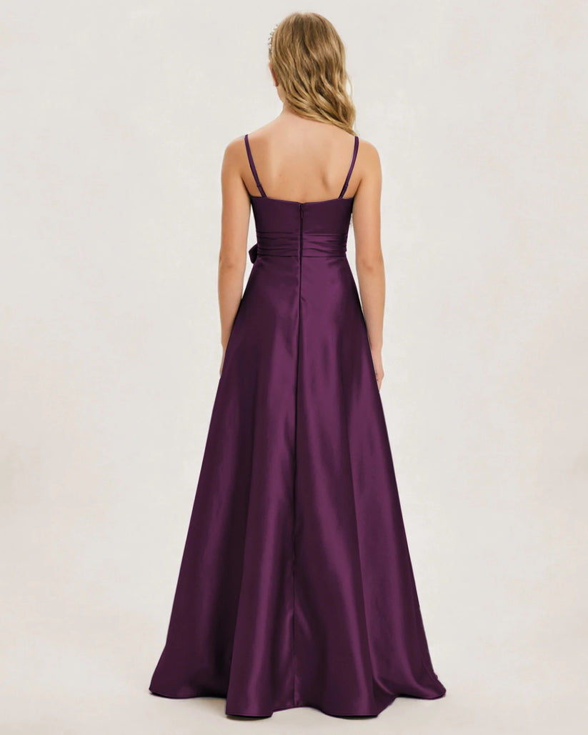 Grape Satin A-line Junior Bridesmaid Dress Back View