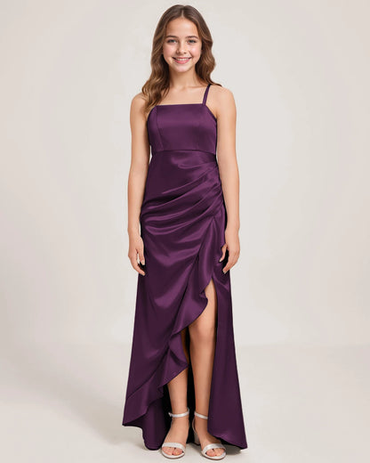 Dideyttawl Junior Bridesmaid Dress with Slit Ruffles Satin  Formal Gowns for Girls