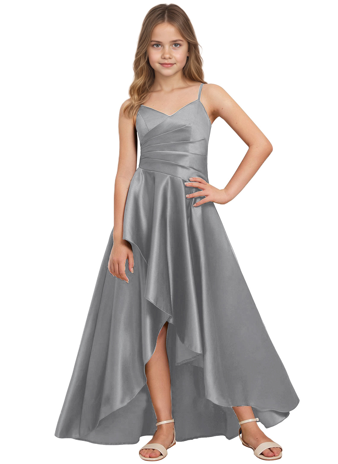 dideyttawl High Low Junior Bridesmaid Dress V-Neck Silk Satin Flower Girl Dress Sleeveless Formal Special Occasion Dress for Wedding 2523